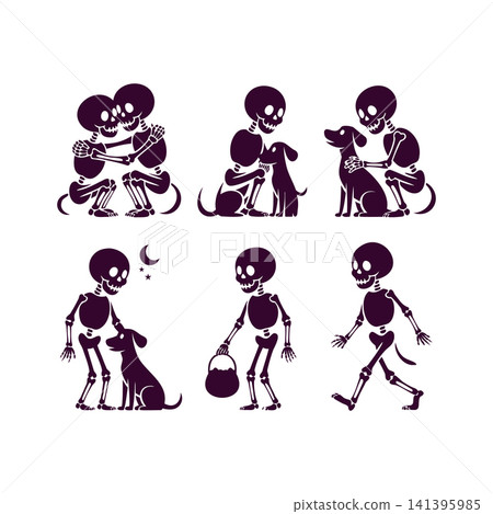 Cute Halloween Skeleton Dog Illustration Set Cute Halloween Skeleton Dog Illustration Set 141395985
