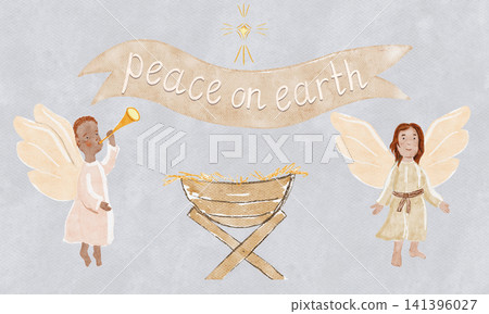 Pair of angels, star, manger, ribbon reading Peace on earth lettering, with warm accents textures. Watercolor on light grey background perfect for Christmas cards, decor, inspirational holiday designs 141396027