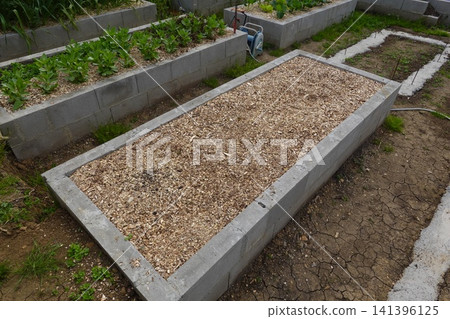 Raised garden bed with wood chips in urban garden Raised garden bed with wood chips in urban garden 141396125