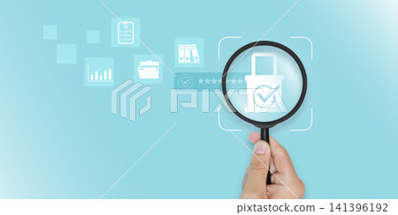 Magnifying glass with digital padlock icon with business data icons. Concept of cybersecurity, data privacy protection, information auditing and secure access management on blue background. Magnifying glass with digital padlock icon with business data icons. Concept of cybersecurity, data privacy protection, information auditing and secure access management on blue background. 141396192