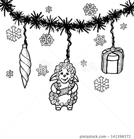 A decorative Christmas card with a tinsel garland, baubles, and snowflakes, hand-drawn in black line art on an isolated background. Simple clip art for New Year's decorations for the Year of the Sheep A decorative Christmas card with a tinsel garland, baubles, and snowflakes, hand-drawn in black line art on an isolated background. Simple clip art for New Year's decorations for the Year of the Sheep 141396572