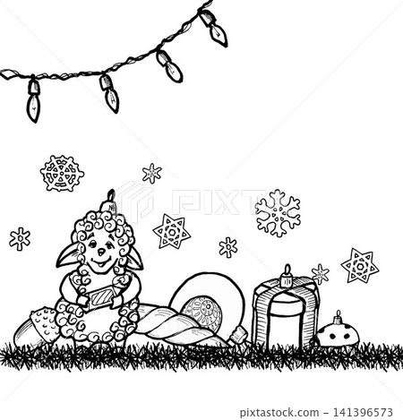 A decorative Christmas card with a garland of lights, toys, and snowflakes, hand-drawn in black line art on an isolated background. Simple clip art for New Year's decorations. 141396573