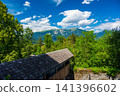 Scenic view of the wooden footbridge near Bled Castle on Lake Bled, Slovenia, with the majestic Julian Alps rising in the background on a clear summer day. 141396602