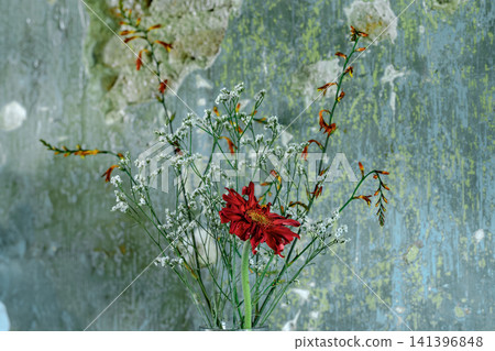 Vibrant floral arrangement with Gerbera, Gypsophila, and Crocosmia flowers indoor decoration Vibrant floral arrangement with Gerbera, Gypsophila, and Crocosmia flowers indoor decoration 141396848