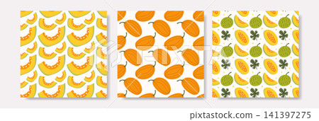 Fresh Melon Fruit Seamless Pattern Set Illustration Fresh Melon Fruit Seamless Pattern Set Illustration 141397275