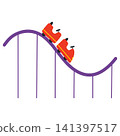 Roller coaster carts riding on amusement park track 141397517