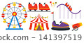 Amusement park attractions set with different rides 141397519