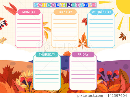 Charming autumn school timetable template featuring pastel tones, colorful falling leaves, and berries background, perfect for planning weekly classes and homework for kids, students, and teachers in Charming autumn school timetable template featuring pastel tones, colorful falling leaves, and berries background, perfect for planning weekly classes and homework for kids, students, and teachers in 141397604
