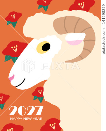 New Year 2027 card with sheep on floral background New Year 2027 card with sheep on floral background 141398239