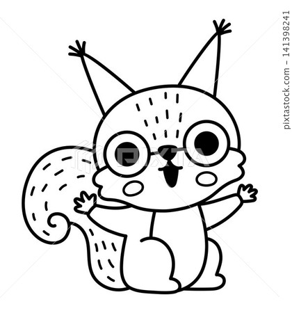 Vector black and white cartoon baby squirrel sitting with nut. Line little animalistic clipart. Cute forest animal child icon for kids. Woodland element, coloring page. Woods illustration Vector black and white cartoon baby squirrel sitting with nut. Line little animalistic clipart. Cute forest animal child icon for kids. Woodland element, coloring page. Woods illustration 141398241