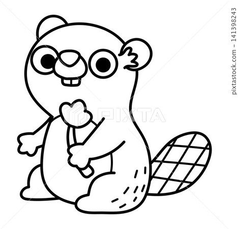 Vector black and white cartoon little beaver nibbling wood log. Line clipart. Cute forest animal child icon for kids. Woodland element, coloring page. Woods wildlife illustration Vector black and white cartoon little beaver nibbling wood log. Line clipart. Cute forest animal child icon for kids. Woodland element, coloring page. Woods wildlife illustration 141398243