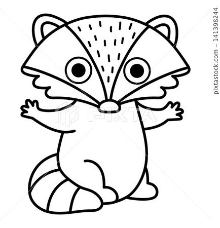 Vector black and white cartoon baby raccoon sitting with acorn isolated on white background. Line little clipart. Cute forest animal child icon for kids. Woodland coloring page. Woods wildlife 141398244