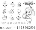 Vector forest dot-to-dot and color activity set with girl explorer and woodland finds. Black and white connect the dots game with berry, acorn, cone, mushroom, leaf, snail and cute kid with basket 141398254