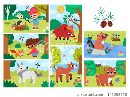 Cartoon forest animals backgrounds set. Colored woodland nature horizontal, vertical landscapes with trees, plants, bear, deer, wolf, kids explorers. Wildlife scenes with beaver, stream, squirrel Cartoon forest animals backgrounds set. Colored woodland nature horizontal, vertical landscapes with trees, plants, bear, deer, wolf, kids explorers. Wildlife scenes with beaver, stream, squirrel 141398256