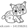 Vector black and white cartoon baby lynx. Funny line little wild cat clipart. Cute forest animal child icon for kids. Flat woodland element, coloring page. Woods wildlife illustration 141398261