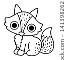 Vector black and white cartoon baby fox. Line little animalistic clipart. Cute forest animal kid icon for kids. Woodland coloring page. Woods wildlife illustration with cub 141398262