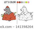 Forest coloring page for children with mole digging ground. Vector wild character outline illustration. Color book with colored example. Drawing skills printable worksheet with woodland animal 141398264