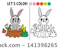 Forest coloring page for children with rabbit sitting on tree stump. Vector hare outline illustration. Color book with colored example. Drawing skills printable worksheet with woodland animal 141398265