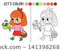 Forest coloring page for children with girl explorer with basket gathering berries, leaves. Vector line illustration. Color book with colored example. Drawing skills printable worksheet with kid 141398268