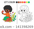 Forest coloring page for children with boy explorer sitting on tree stump with bird. Vector line illustration. Color book with colored example. Drawing skills printable worksheet with kid 141398269