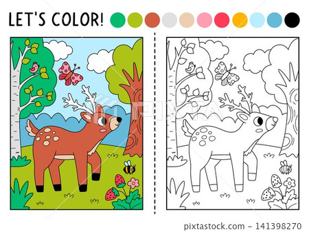 Forest coloring page with deer. Vector outline illustration with wild nature scene. Color book with colored example. Drawing printable worksheet with woodland animal, wildlife landscape Forest coloring page with deer. Vector outline illustration with wild nature scene. Color book with colored example. Drawing printable worksheet with woodland animal, wildlife landscape 141398270
