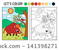 Forest coloring page with boar. Vector outline illustration with wild nature scene. Color book with colored example. Drawing printable worksheet with woodland animal, wildlife landscape 141398271