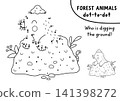 Vector forest dot-to-dot and color activity with cute mole. Black and white connect the dots game for children with woodland animal. Line printable worksheet. Who is digging the ground? 141398272