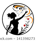 Woman silhouette reaching upward in circle with red flowers and orange swirls showing hope growth and freedom 141398273