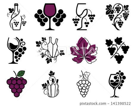 Set of grapes, vines, bottles, glasses and wine vector design Set of grapes, vines, bottles, glasses and wine vector design 141398522