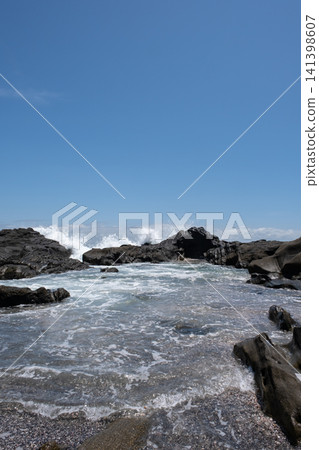 Waves crashing against the rocky shore of Jogashima Island in Miura City, Kanagawa Prefecture. Waves crashing against the rocky shore of Jogashima Island in Miura City, Kanagawa Prefecture. 141398607
