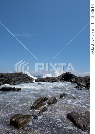 Waves crashing against the rocky shore of Jogashima Island in Miura City, Kanagawa Prefecture. Waves crashing against the rocky shore of Jogashima Island in Miura City, Kanagawa Prefecture. 141398618