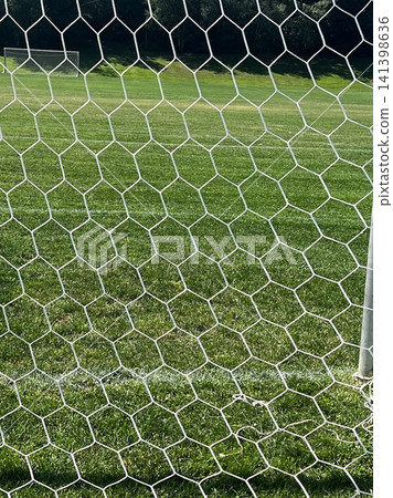 The hexagonal mesh of a soccer goal net The hexagonal mesh of a soccer goal net 141398636