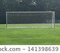 A large goal on a green grass soccer field 141398639