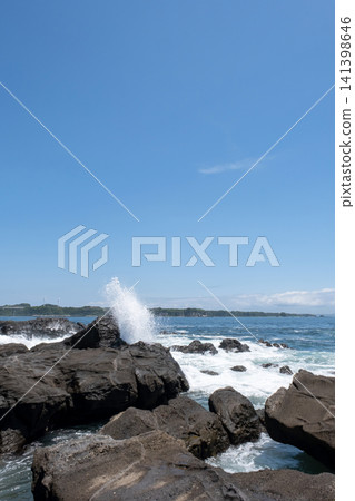 Waves crashing against the rocky shore of Jogashima Island in Miura City, Kanagawa Prefecture. Waves crashing against the rocky shore of Jogashima Island in Miura City, Kanagawa Prefecture. 141398646