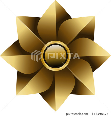 Golden geometric flower emblem design with glossy gradient petals on black surface Golden geometric flower emblem design with glossy gradient petals on black surface 141398674