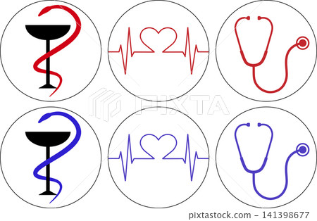 Medical icons set featuring hygieia bowl stethoscope and heartbeat line symbols Medical icons set featuring hygieia bowl stethoscope and heartbeat line symbols 141398677