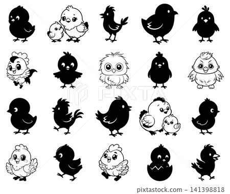 Set of chicks, hens, and roosters vector icons Set of chicks, hens, and roosters vector icons 141398818