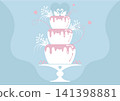 Three tiered celebratory wedding cake, swans in love, symbolizing sweet beginnings. Suitable for bakeries, dessert menus, and reception planning. Beautiful cake decorated with floral elements 141398881