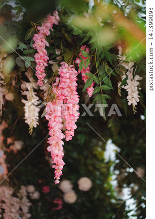 Vertical shot of hanging wedding decoration with pink wisteria and white flowers Vertical shot of hanging wedding decoration with pink wisteria and white flowers 141399093