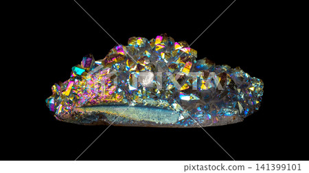 Iridescent Titanium Aura Quartz Crystal Cluster on Black Background 141399101