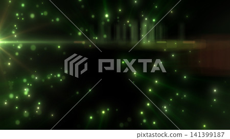 Green luminous particles radiating through darkness with bright lens flare, horizontal streaks, and a futuristic energy effect. Green luminous particles radiating through darkness with bright lens flare, horizontal streaks, and a futuristic energy effect. 141399187