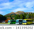 Three colorful tour buses amidst the magnificent natural scenery of Aso 141399202