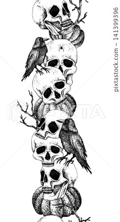 Halloween vertical border seamless dry branches, human skulls, pumpkins, black Raven. Engraving style vector. Gothic hand drawn isolated illustration. For holiday invitations, decoration design Halloween vertical border seamless dry branches, human skulls, pumpkins, black Raven. Engraving style vector. Gothic hand drawn isolated illustration. For holiday invitations, decoration design 141399396