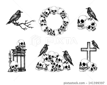 Graphic vector collection gothic compositions human skulls, black raven, religion cross, vintage lantern, burning candle in candlestick. Set of illustrations Dark occult line art for Halloween design Graphic vector collection gothic compositions human skulls, black raven, religion cross, vintage lantern, burning candle in candlestick. Set of illustrations Dark occult line art for Halloween design 141399397