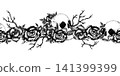 Gothic seamless border with skulls, roses and dry branches. Graphic vector illustration for Halloween or Day of the Dead with white background. Repeat pattern, banner, textile, decoration design 141399399