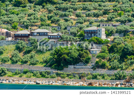 Docheiariou Monastery Monastic Houses on the Mount Athos Coast, Greece. Docheiariou Monastery Monastic Houses on the Mount Athos Coast, Greece. 141399521