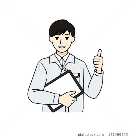 Male worker in white work uniform, thumbs up gesture. Male worker in white work uniform, thumbs up gesture. 141399835