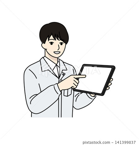身穿白色工作服的男工人指著平板電腦。 身穿白色工作服的男工人指著平板電腦。 141399837
