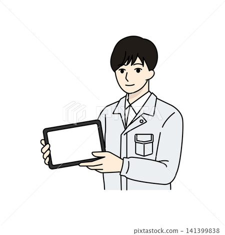 Male worker, white work uniform, tablet display. Male worker, white work uniform, tablet display. 141399838