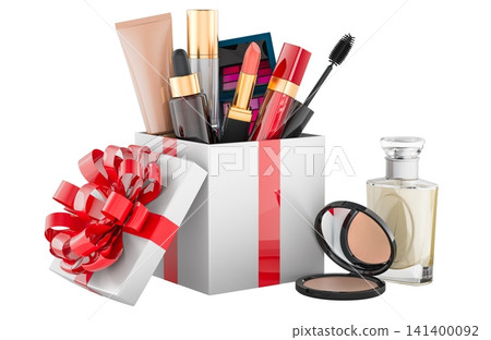 Cosmetic gift set with makeup products and perfume. 3D rendering Cosmetic gift set with makeup products and perfume. 3D rendering 141400092